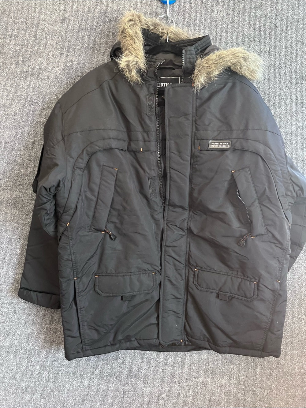 North Bay Tech Gear Men’s L Black Winter Parka Faux Fur Hood Ski Snow Coat NWT